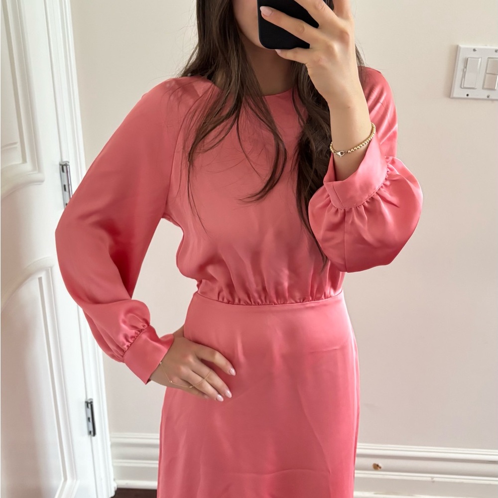 H&M Satin Vibrant Pink Long Sleeve Dress